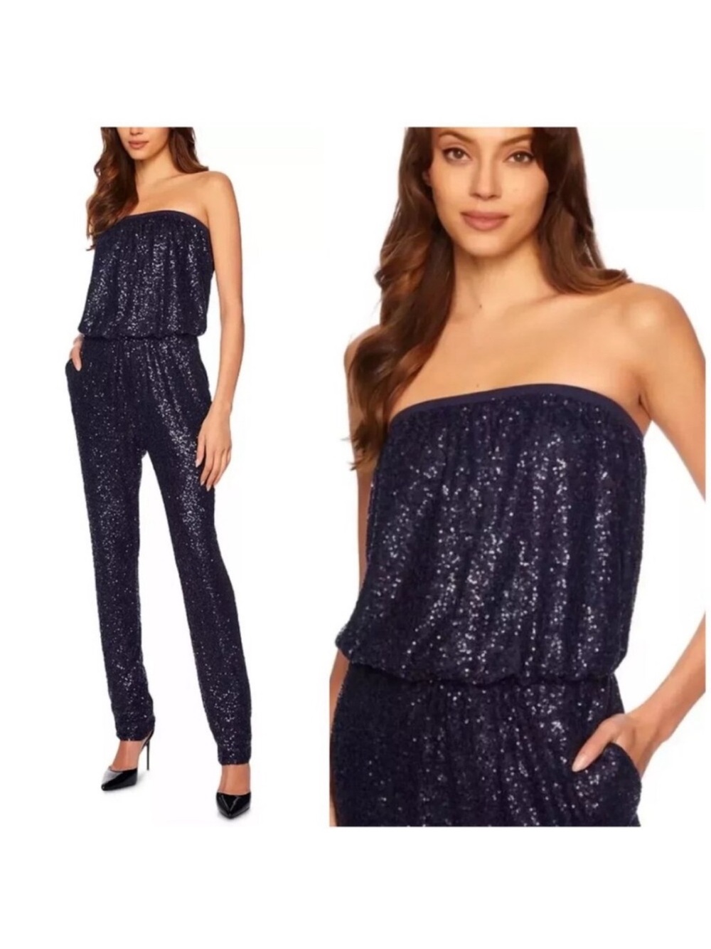 Susana Monaco Strapless jumpsuit Thunder Navy Blue Sequin pockets S/M Revolve - Picture 15 of 15